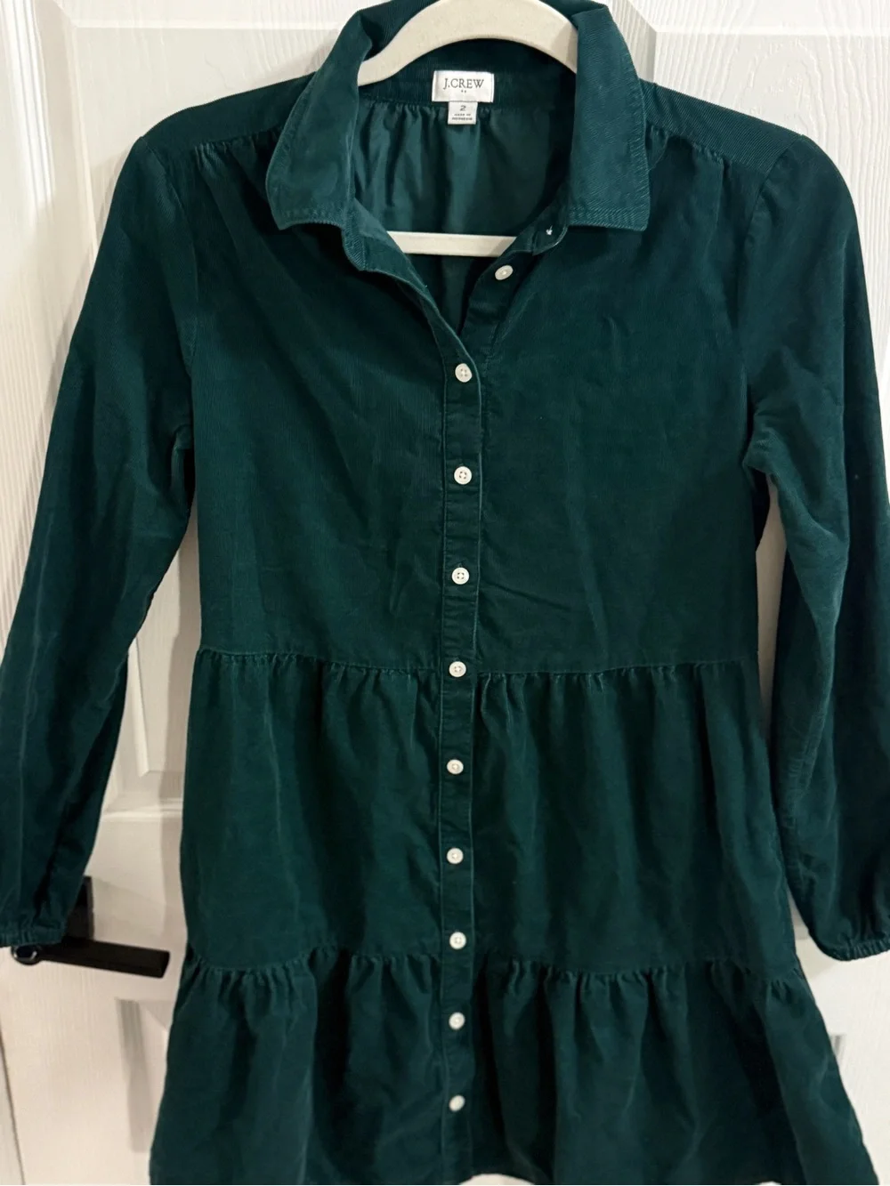 J.Crew Size 2 Green Corduroy Tiered Button Front Tunic Shirt Dress Cotton
